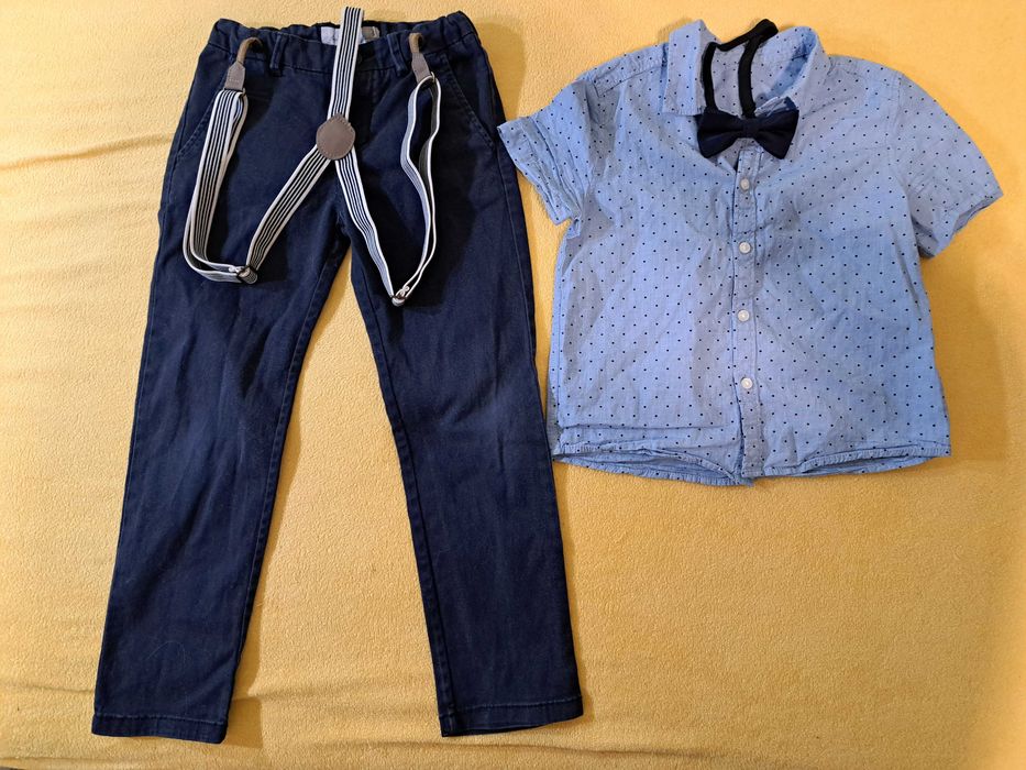 4x spodnie garniturowe, szelki, koszula, mucha, H&M, r.110-116