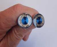 Spinki mankietowe okrągłe niebieskie srebrne do mankietów ślub wesele