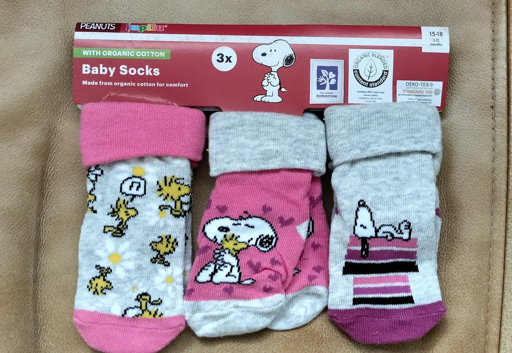 Skarpetki niemowlęce z ekologiczną bawełną, 3 pary, 15-18 Snoopy, róż