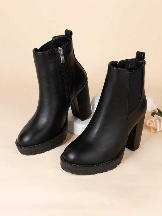 Czarne Botki Obcas Słupek Platformy Zip Eleganckie Modne Klasyczne 39