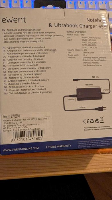 Ewent Carregador EW3898 para Notebook HP 65W