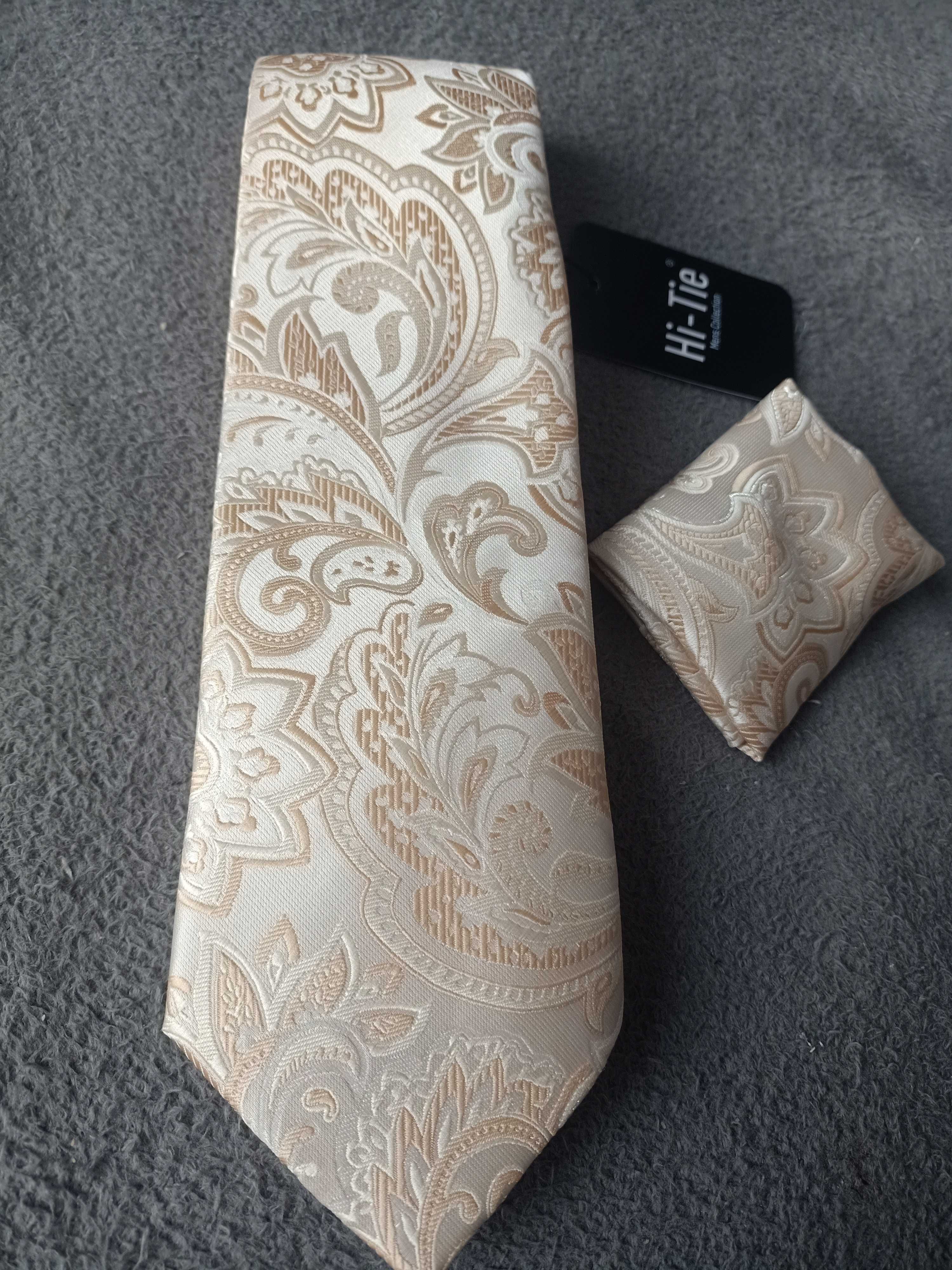 Elegancki Zestaw Krawat Poszetka Spinki Wesele - Szampański Złoty 3920