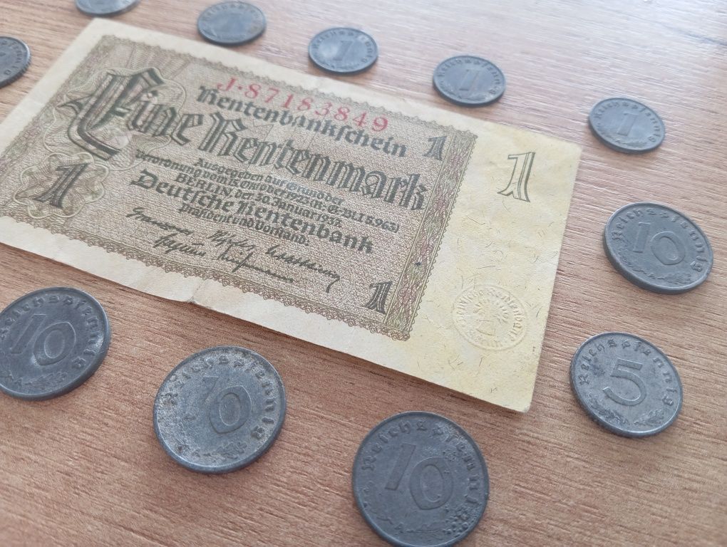 Banknot 1 Rentmark 1937 + Monety III Rzesza 1, 5, 10 Reichspfenning