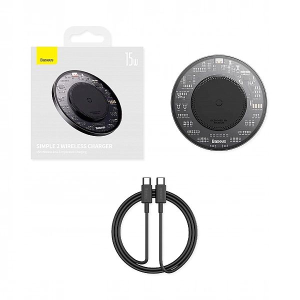 Ładowarka indukcyjna Baseus Simple 2/15W + kabel USB-C - czarna