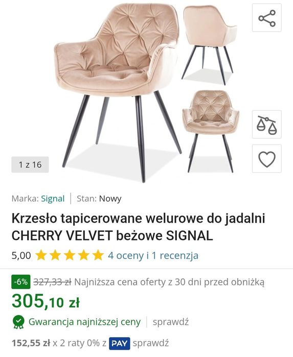 6szt Krzesło Tapicerowane Welurowe Velvet Beż Kaszmir