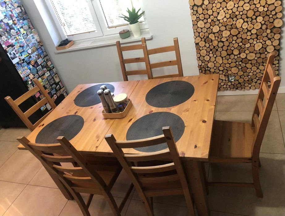 Stół IKEA STORNAS duży drewniany rozkładany + 6 krzeseł Nardviken