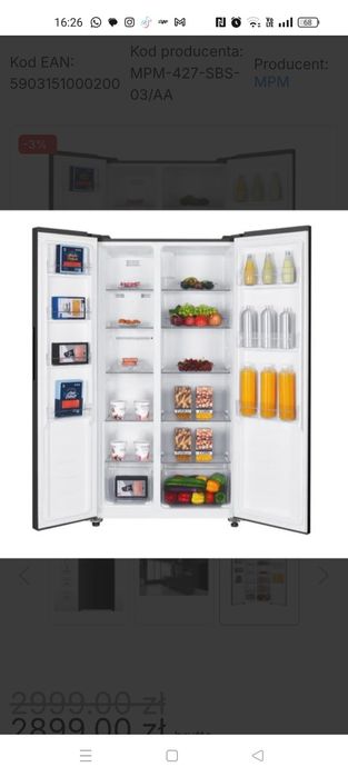 Lodówka, Lodówko zamrażarka MPM Side by side, czarna, sprawna