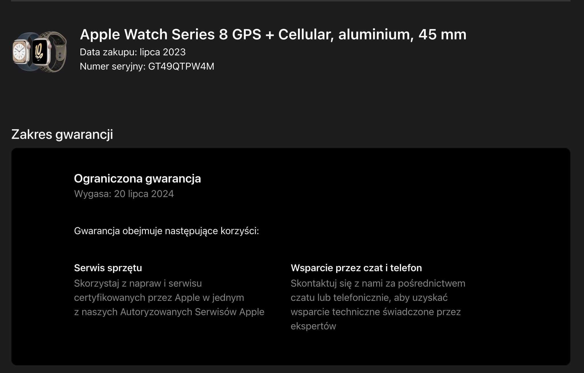 Apple Watch 8 GPS + Cellular, aluminium, 45 mm gwarancja
