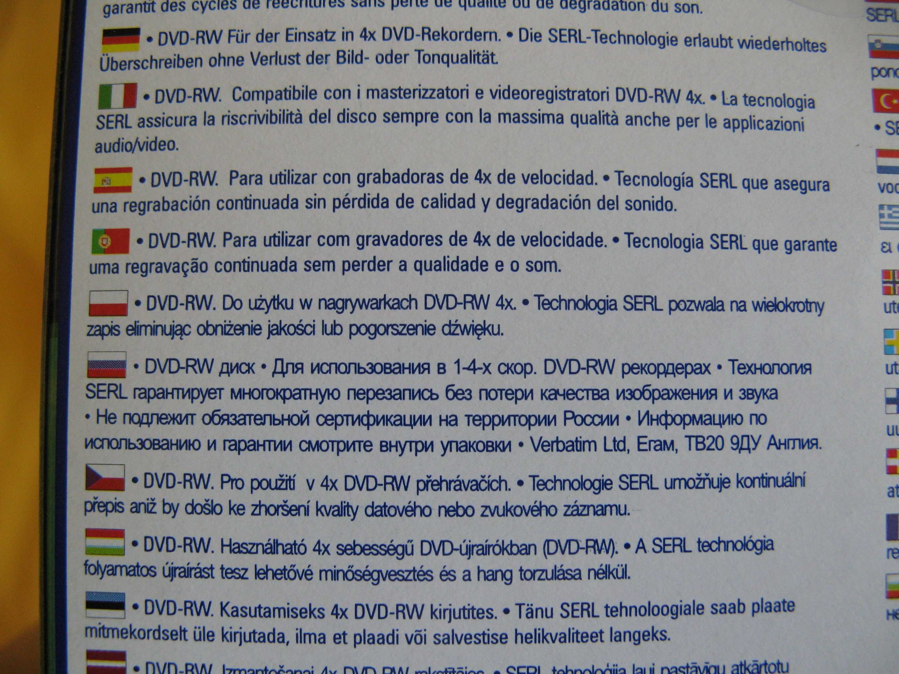 Płyta Verbatim DVD-RW 10 sztuk czysta NOWA