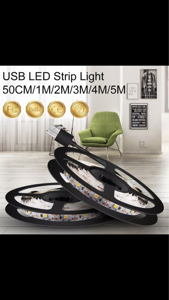 Лед Led стрічка 1 метр тепле світло USB 5 v  та 12 v