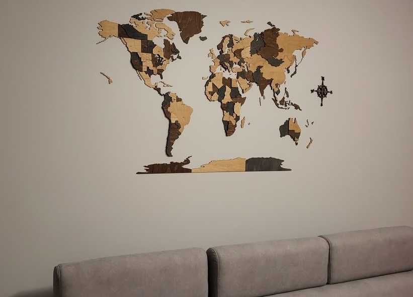 Mapa Świata 3D drewniana 210x126cm, 3 kolory, pomysł na prezent