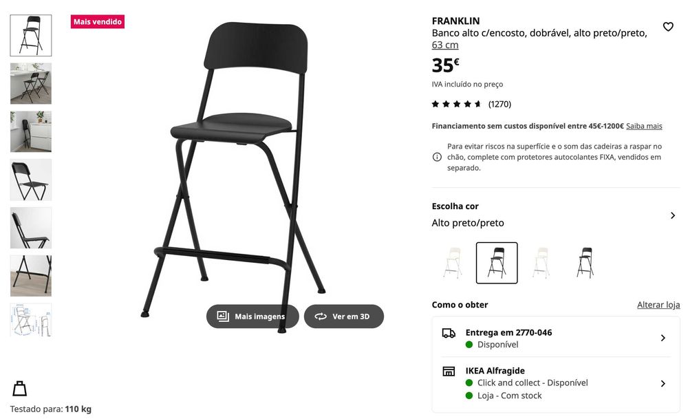 Banco alto c/encosto, dobrável, alto preto/preto, 63 cm