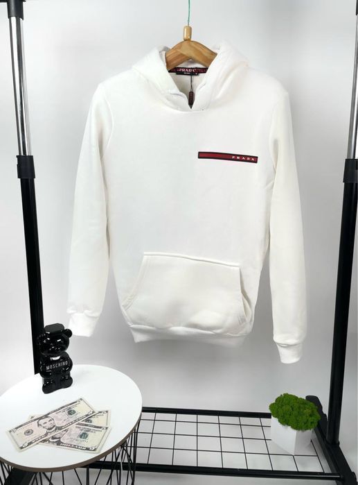 РАСПРОДАЖА! Худи мужское Prada зимнее на флисе белое черное