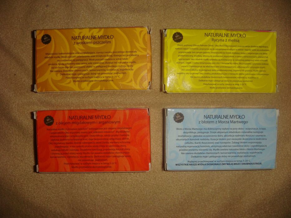 mydła naturalne z woskiem pszczelim, olejem migdałowym, błotem z morza
