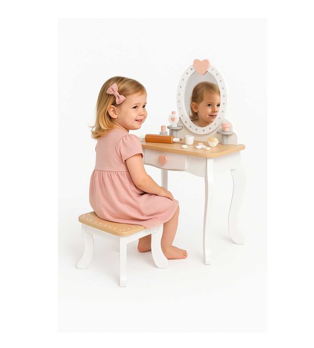 Drewniana toaletka z taboretem i akcesoriami dla dzieci od 3 lat