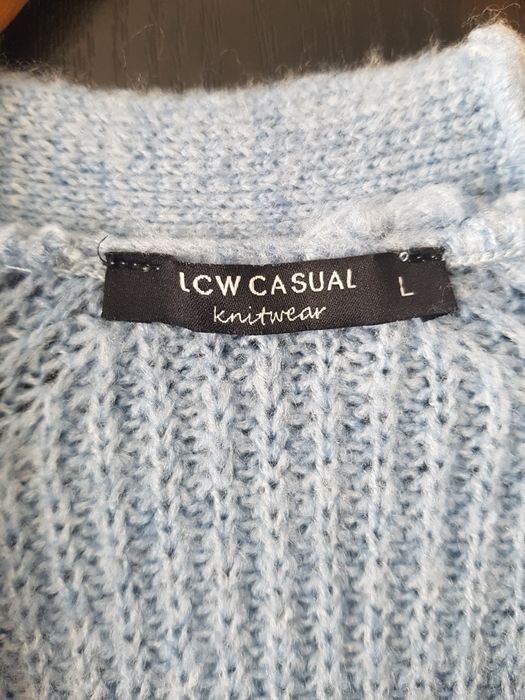 Голубой кардиган с меховыми рукавами