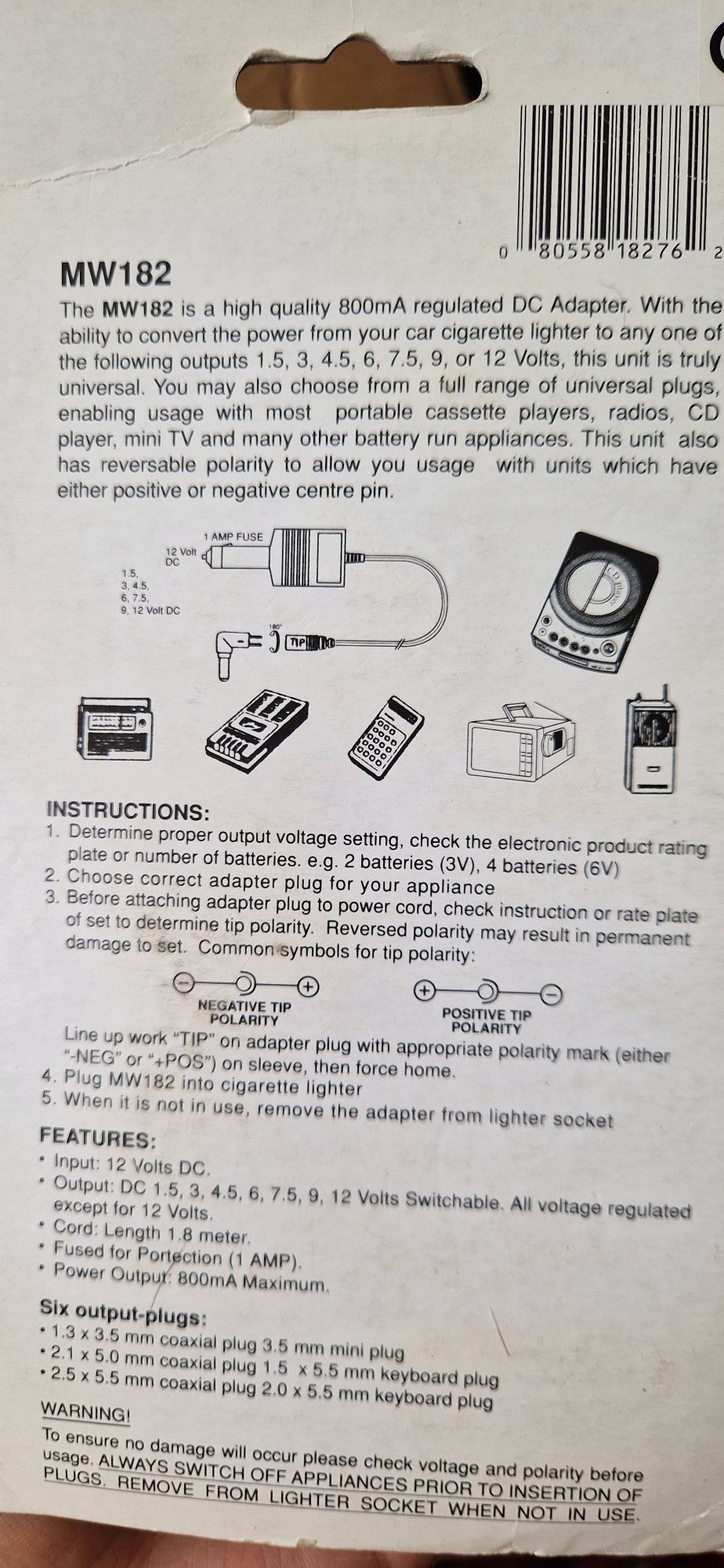 Adapter, ładowarka, kabel 1,8 m, parametry na zdjęciach