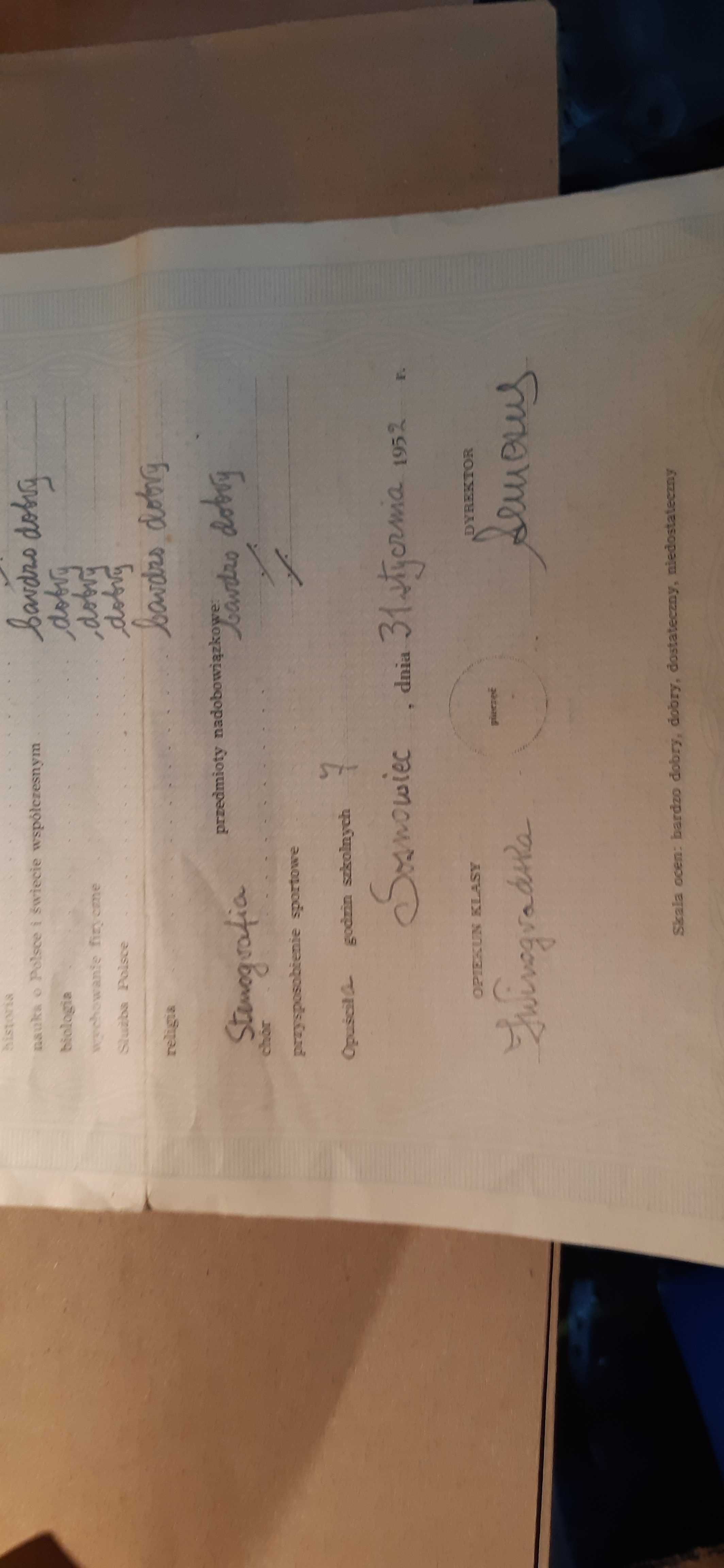 stary dokument świadectwo szkolne będzin 1951 rok