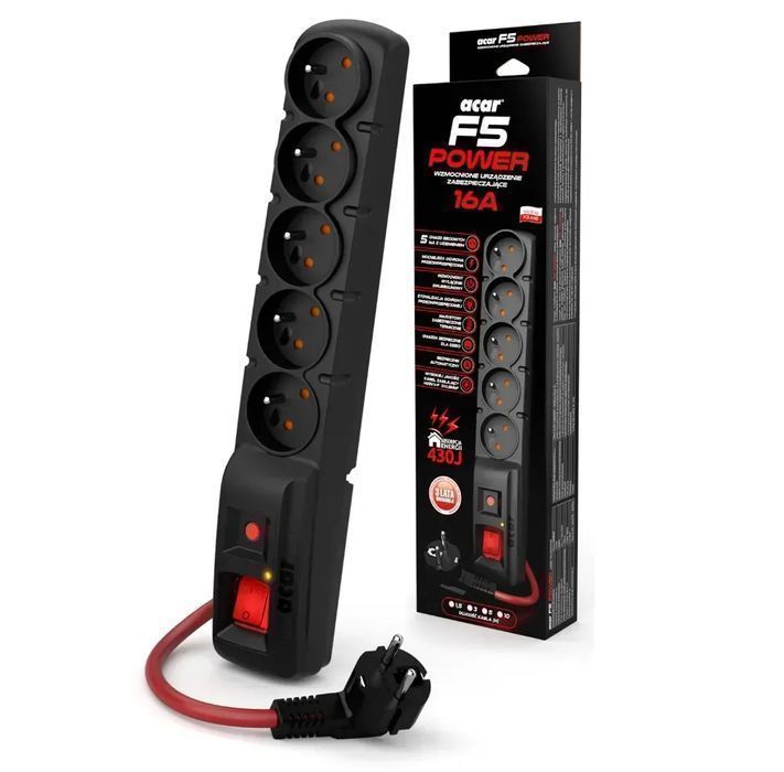 Listwa przeciwprzepięciowa ACAR F5 POWER 1,5m 5 gniazd 16A W2289
