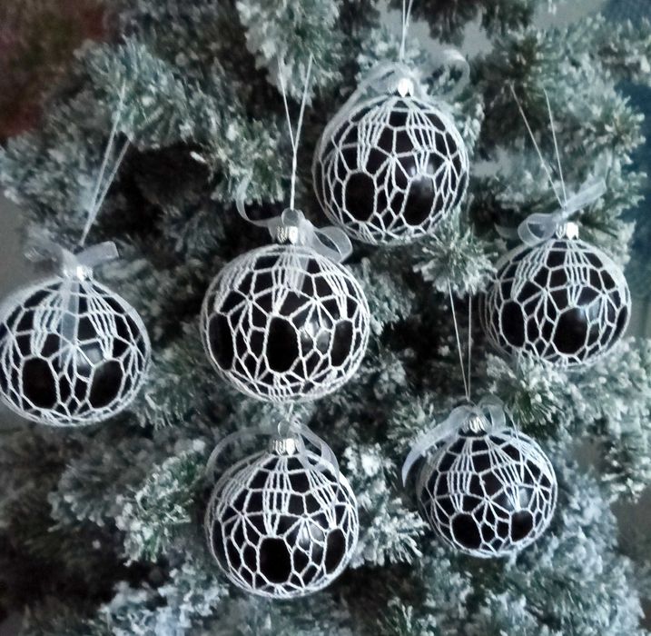 UNIKAT! Czarne szklane bombki z szydełkową koronką -zestaw 6 szt., 8cm