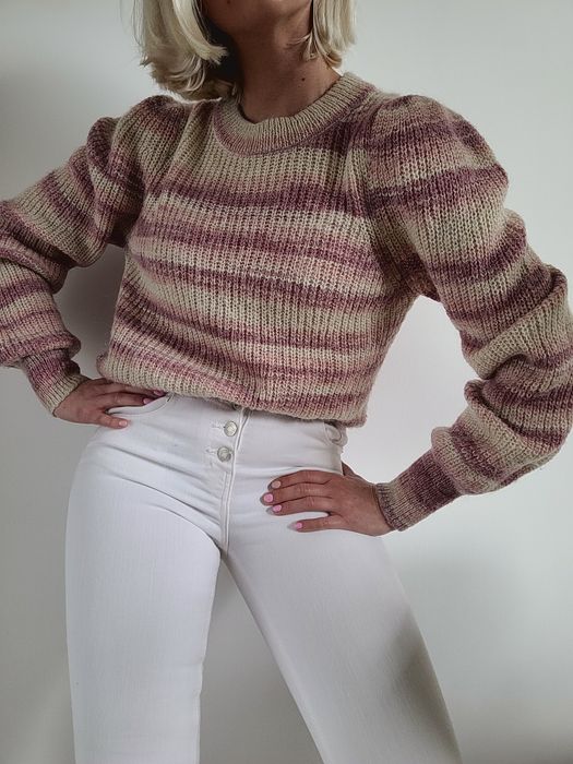 Pastelowy sweter w paski bufki moher wełna vintage