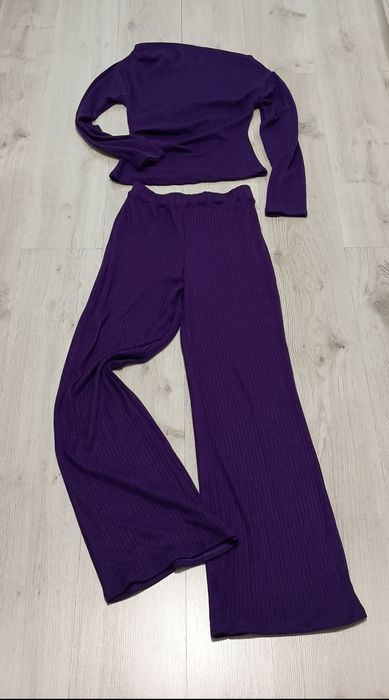 Zestaw dzianina prążek komplet bluzka + spodnie fiolet