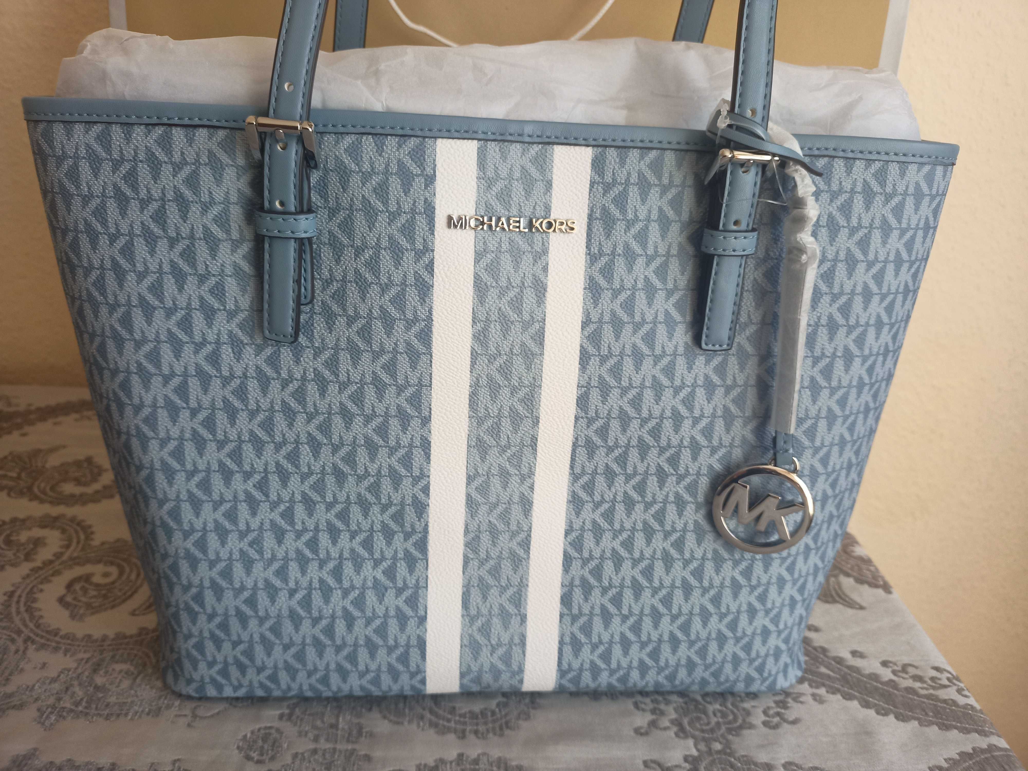 Nowa Oryginalna Torebka Michael Kors Jet Set Travel Monogram Niebieska