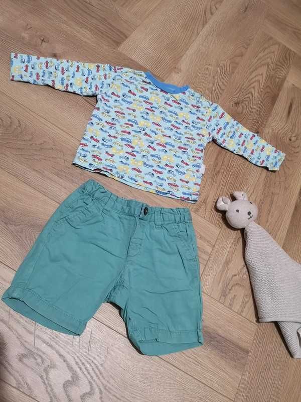 H&M zielone krótkie spodenki PUSBLU bluzka autka r. 74 cm 6-9m.