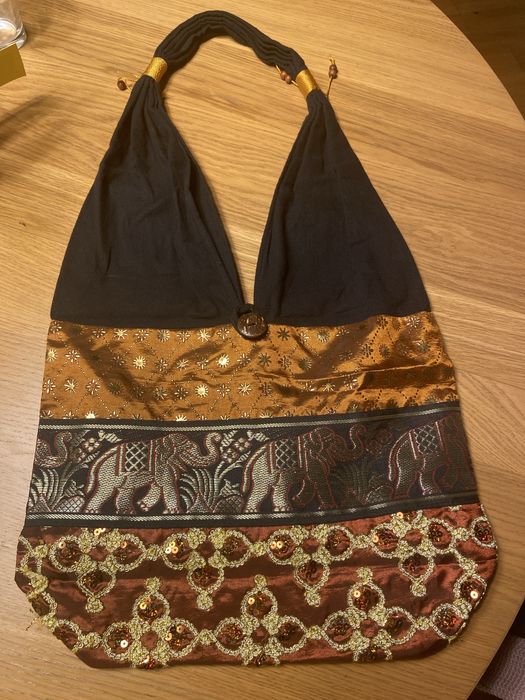 Torba indyjska czarna cekiny słonie z materiału tkaninowa