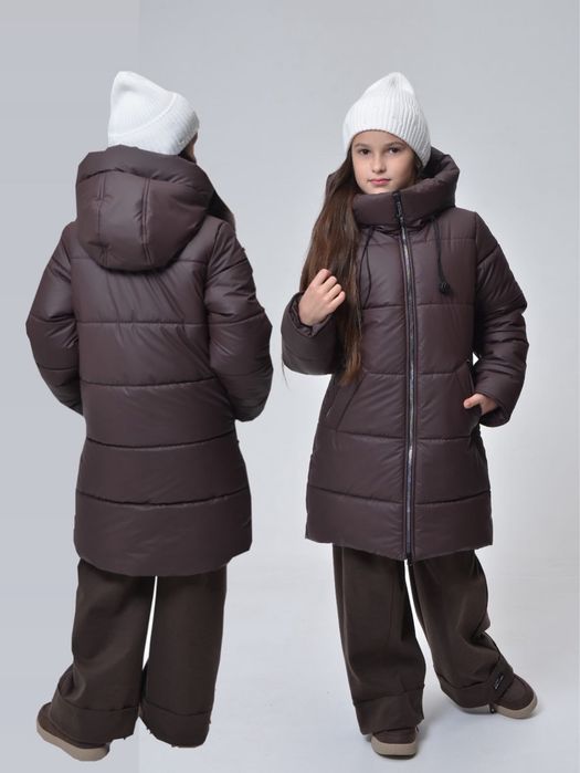 Шоколадна зимова куртка пальто пуховик для дівчинки 134, 140, 146 см