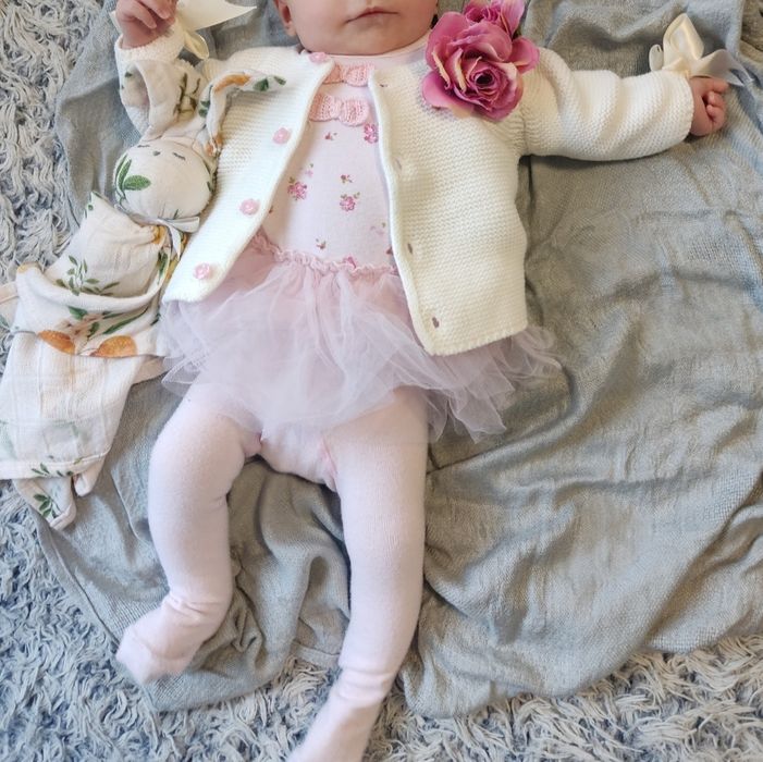 Piękny sweterek sweter bolerko kwiaty róże 3d handmade unikat 0-3 m