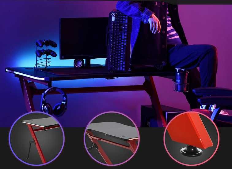 Mesa de gaming ergonómica 120x66  com LED suporte comandos porta-copos