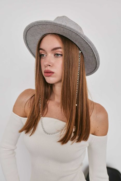 Вовняний капелюх Федора з декором і ланцюжком PEARL WOOL HAT сірий