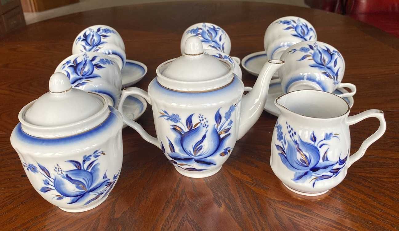 Сервиз чайный "Голубой цветок" 15 предметов позолота Барановка