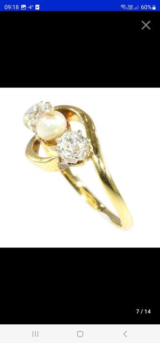 Pierścionek zabytkowy 1905r złoto 18k perła diamenty 0.4 crt
