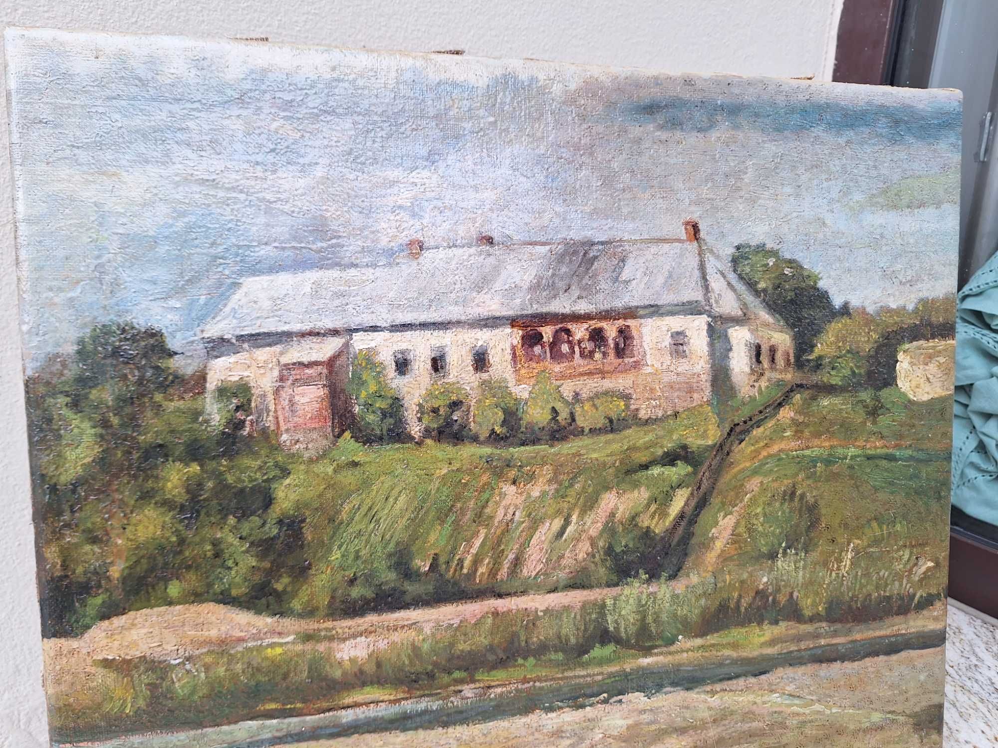 Pejzaż z widokiem na budynek poczty konnej-kresy-obraz-olej-k.XIXw
