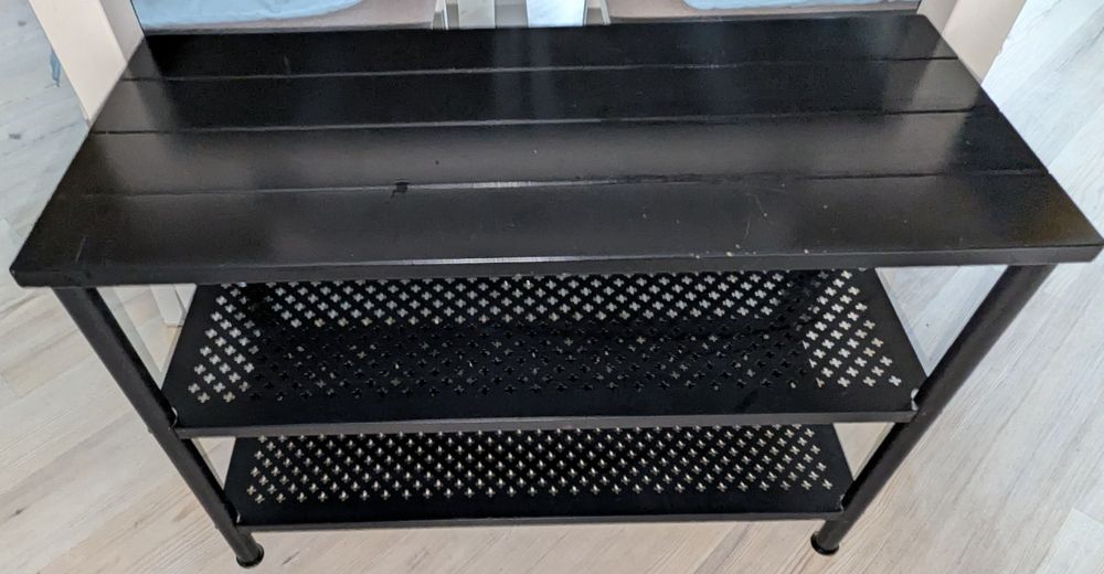 IKEA PINNIG – półka na buty z siedziskiem, czarna, metalowa, 79×35×52
