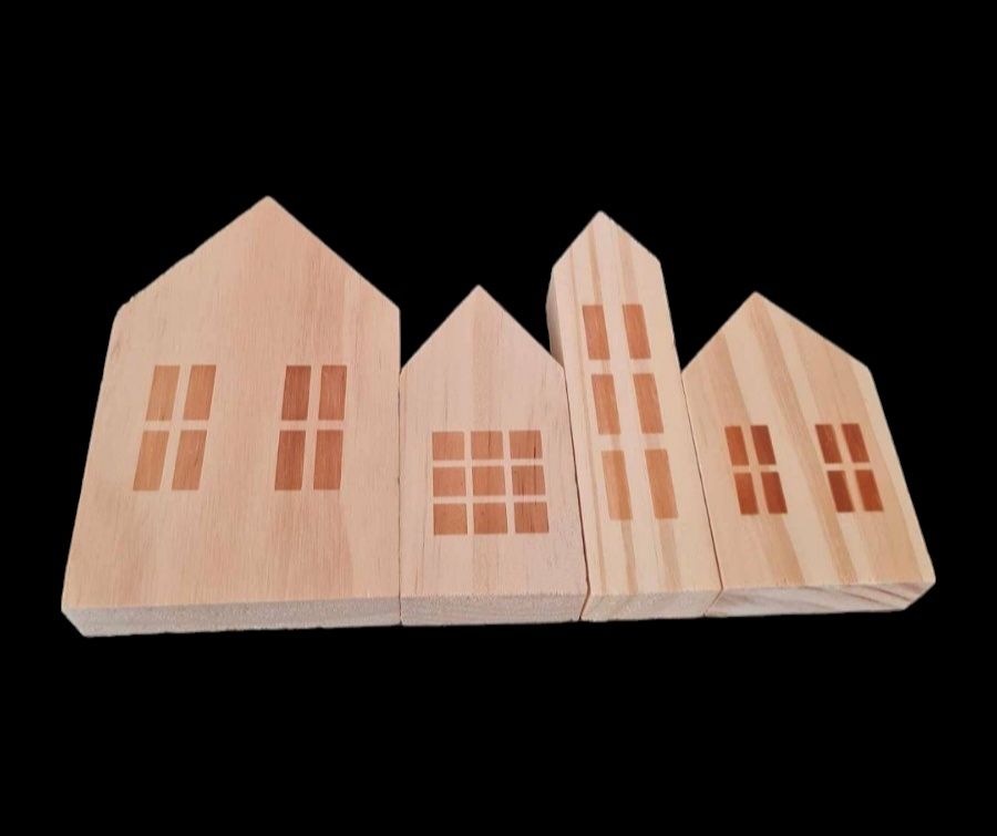 ACTION drewniane domki domy do malowania DIY 4 sztuki komplet NOWE