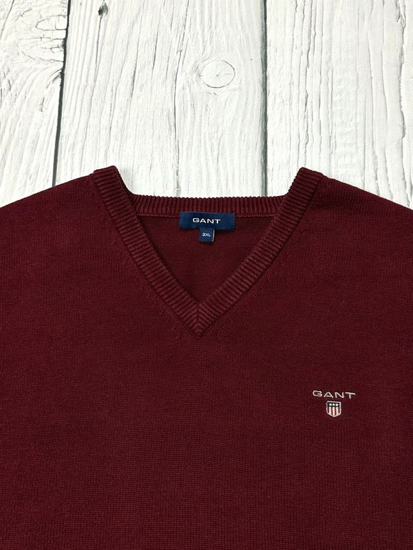 Gant Bawełniany Sweter w Serek Męski Logo na Piersi Burgundowy r. 3xl
