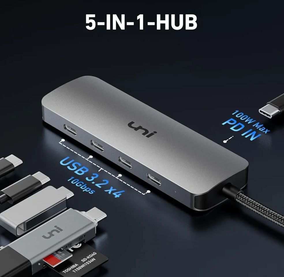 uni Hub USB C Hub 3.2 gen 2 z 100 W PD i 4 portami Szybki 5in1 10Gb/s