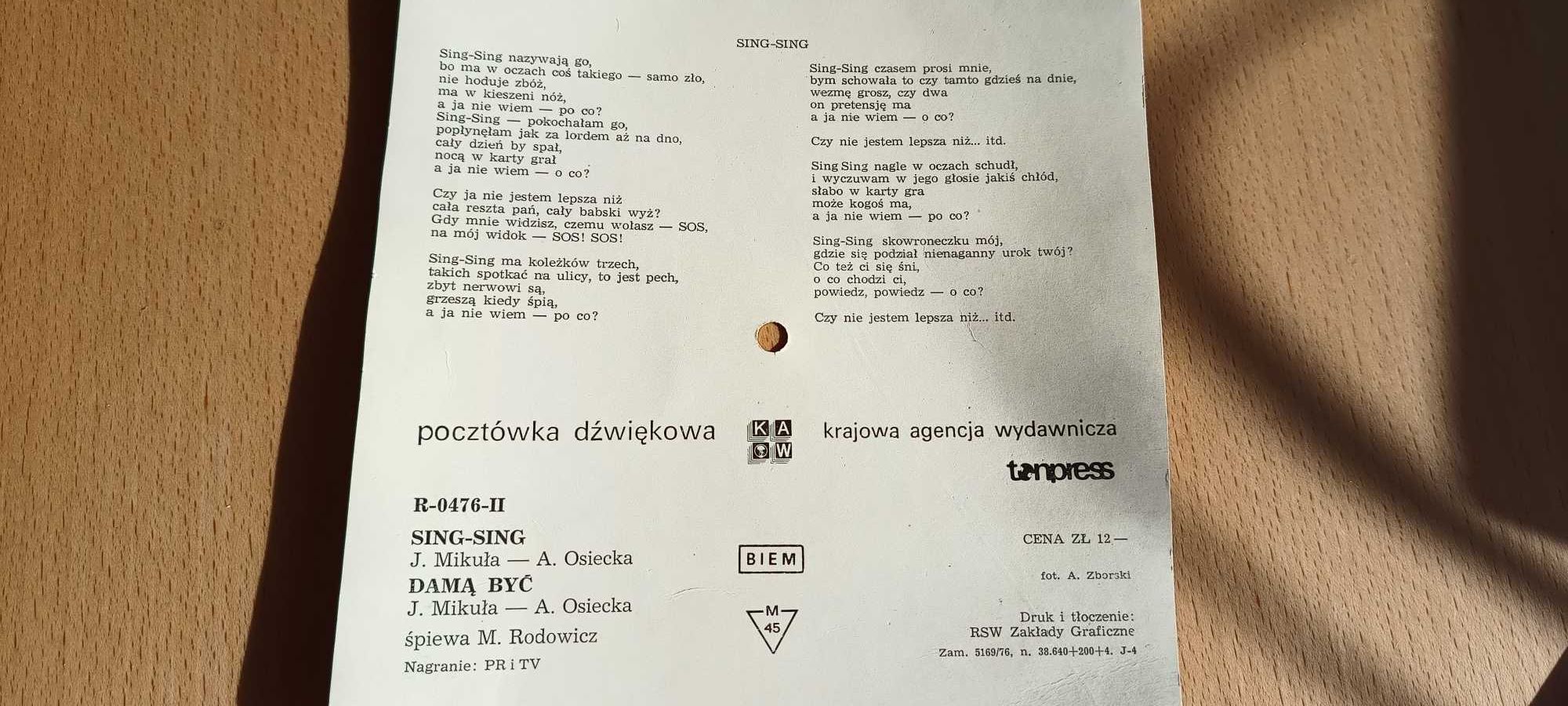 płyta gramofonowa - pocztówka dźwiękowa M. Rodowicz