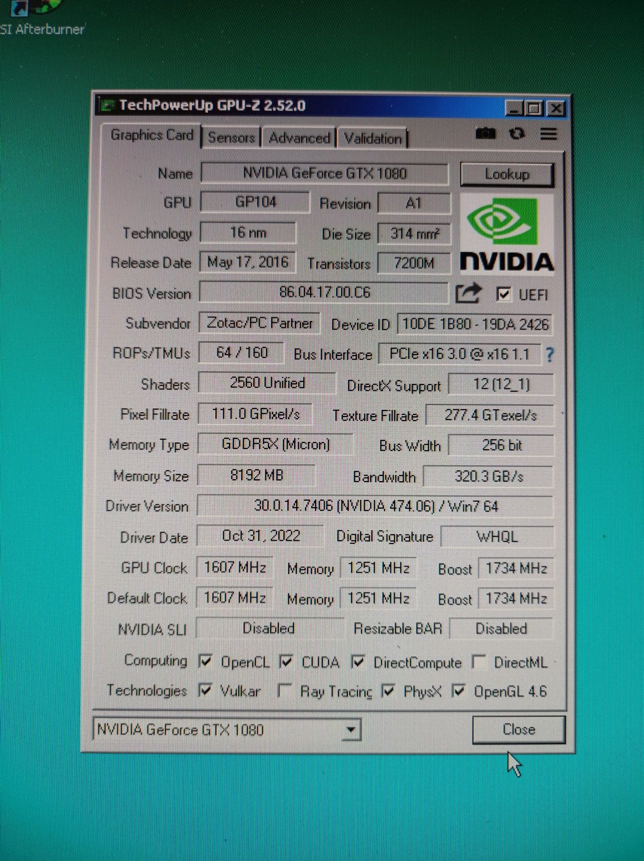 Zotac GTX1080 8GB GDDR5 256bit