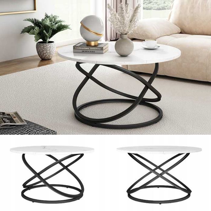 STOLIK kawowy LOFT Ława, stół do salonu, biały marmur 80 cm, okrągły