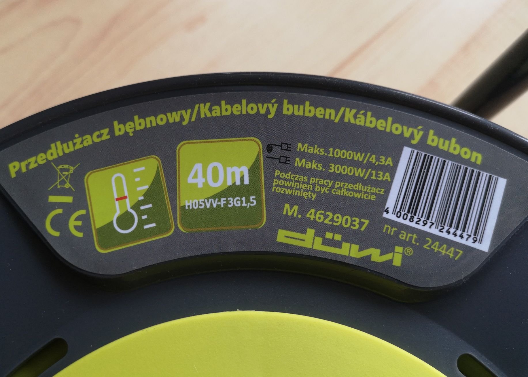 Przedłużacz bębnowy 40m 4gn  lemon duwi