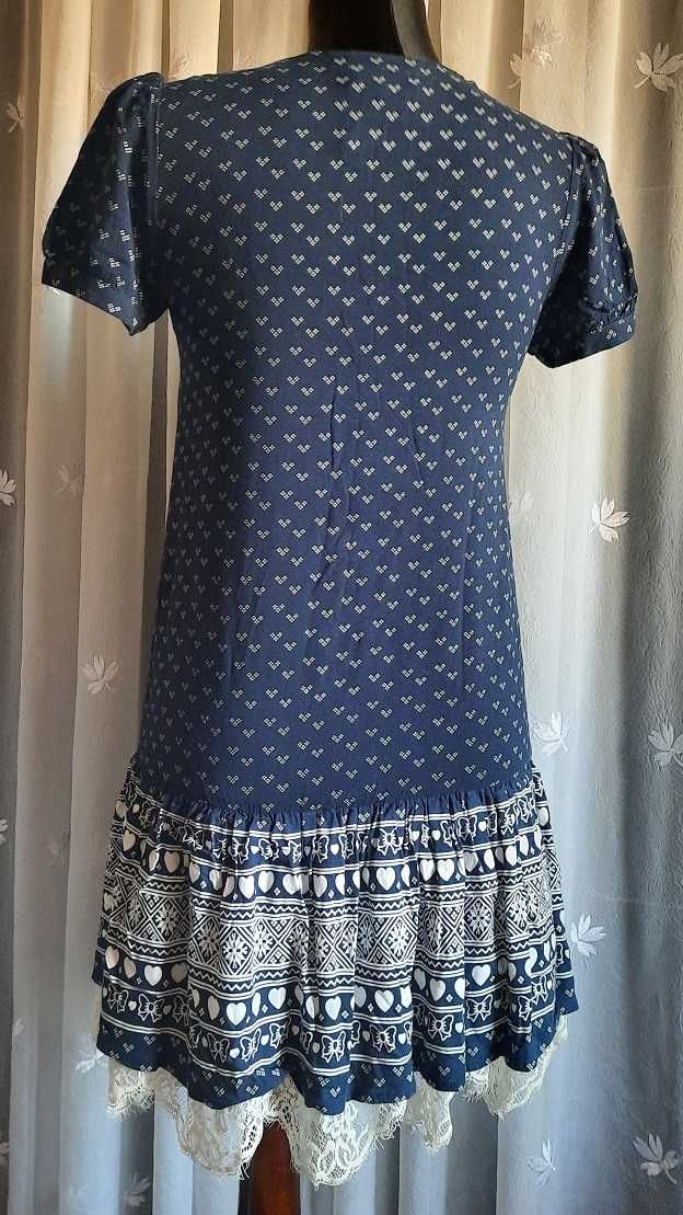 Boho ideał 100% Wiskoza Cudna sukienka koronki print granat biała S XS