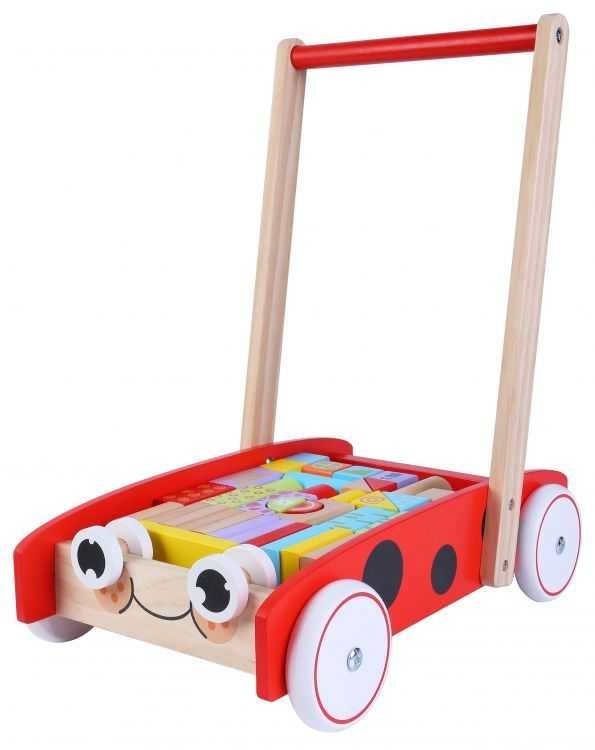 Drewniany wózek pchacz chodzik 40 klocków ECOTOYS dla dzieci 12 msc+