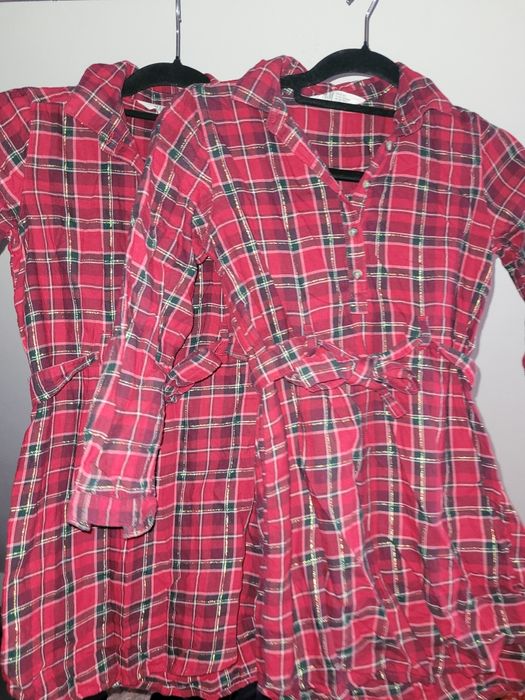 2 sukienki tuniki koszule w kratę bordowe czerwone 128 H&M bliźniaczek