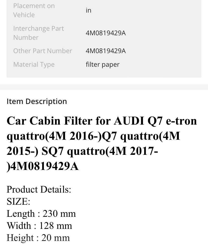 Car Cabin Filter for AUDI Q7