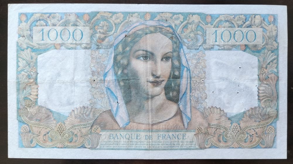 Nota Capicua 1000 Francos 1949 Minerve e Hércules Rara