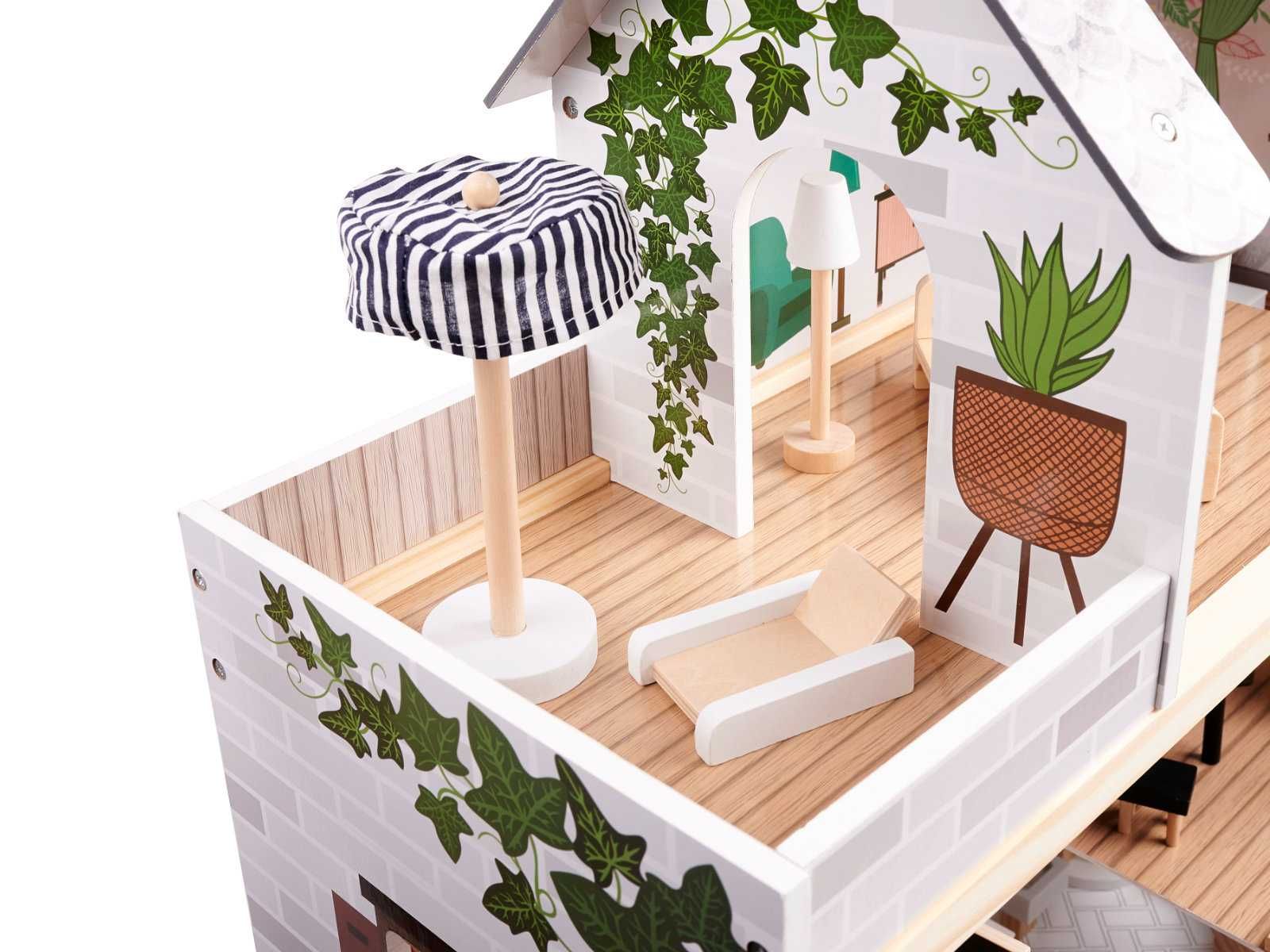 Domek dla lalek drewniany + mebelki 78cm oświetlenie LED FLORO boho